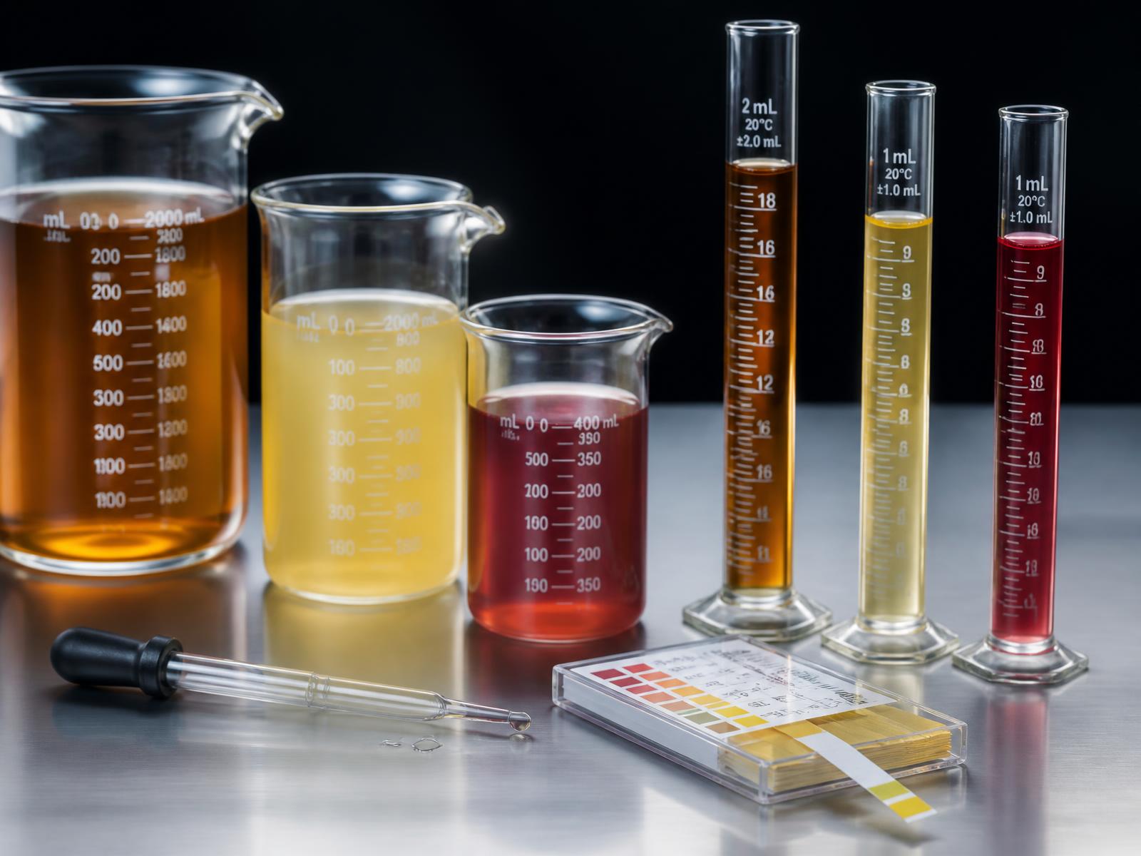 Beverage samples in laboratory glassware alongside pH test strips