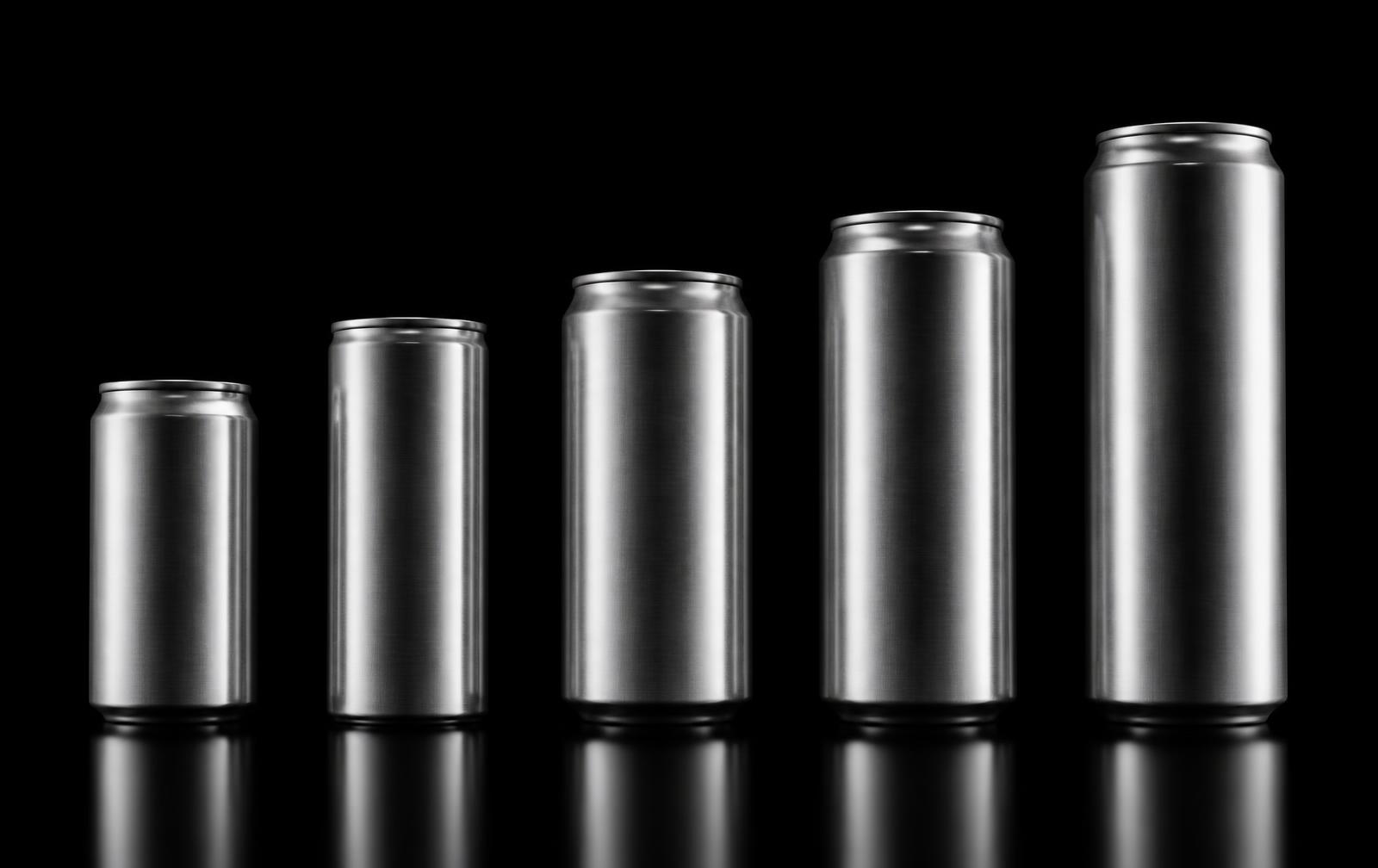 Five aluminum can formats standing together against black